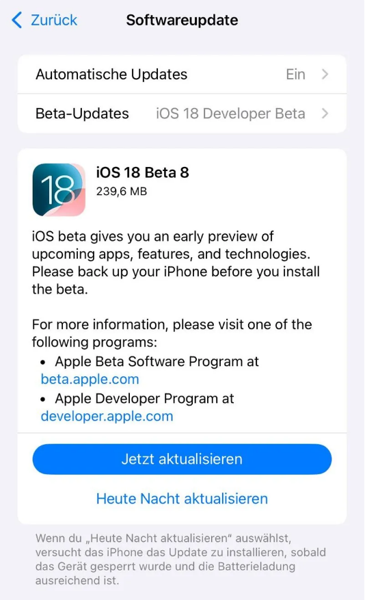 昌洒镇苹果手机维修分享苹果 iOS / iPadOS 18 开发者预览版 Beta 8 发布 